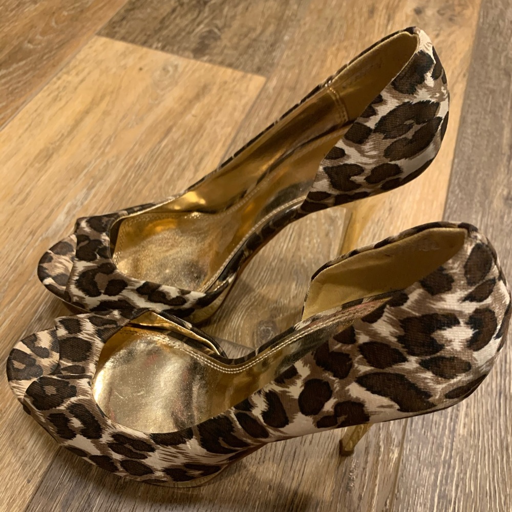 Leopard Print Gold Platform Open Toe Heels - image 2